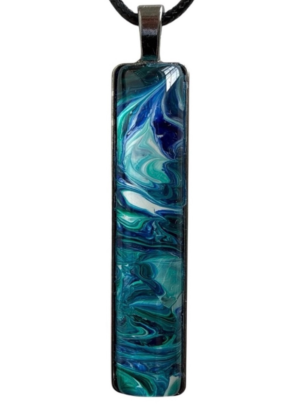 Hand Crafted Necklace Blue Teal Fluid Art Bar Pendant by Svetlana Yeung